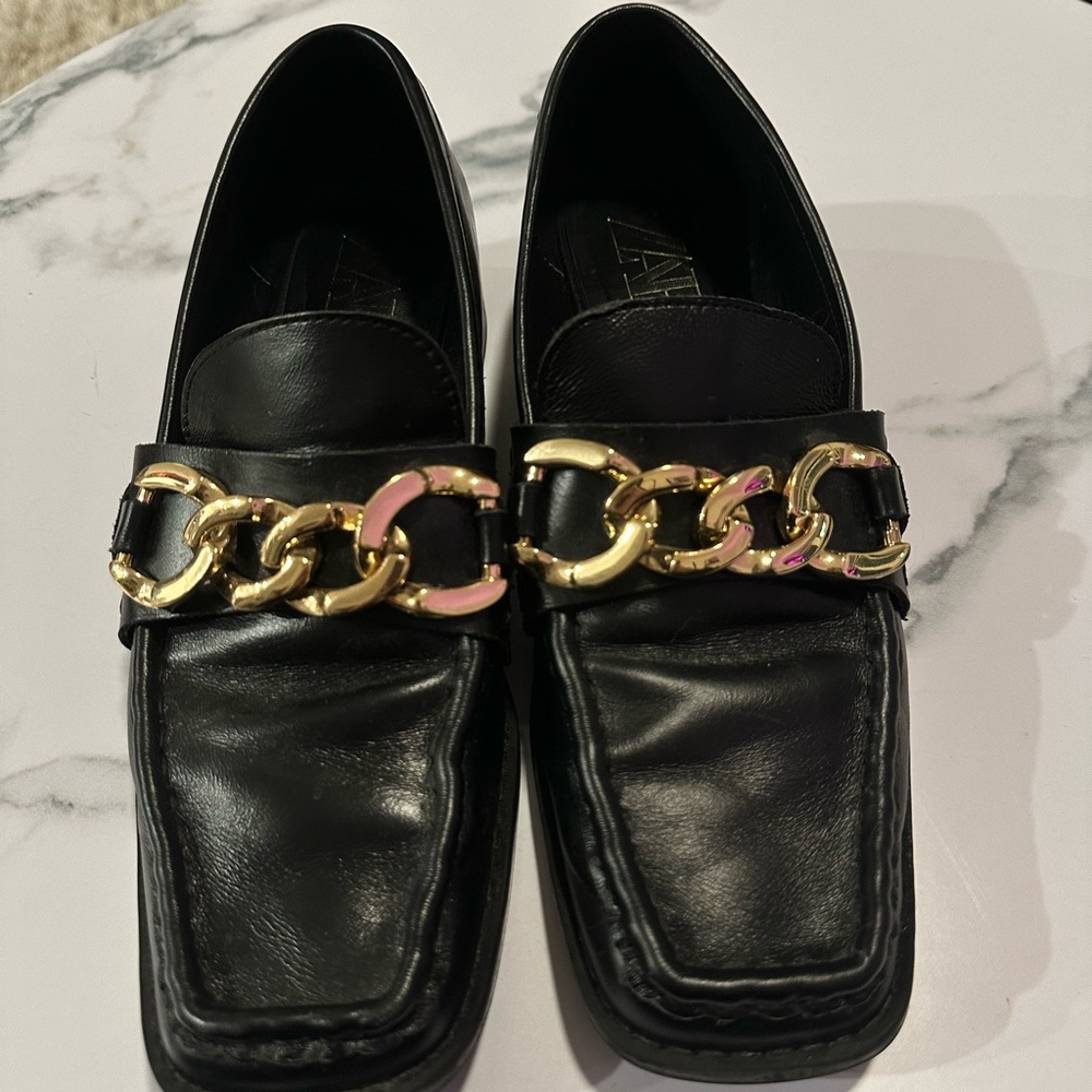 Zara Authentic Leather Loafers with Gold Chain